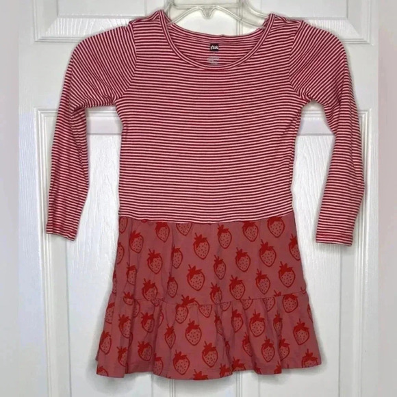 Girl TEA Red White Striped Strawberry Print Pocket L/s Play Dress Sz 5 Cotton